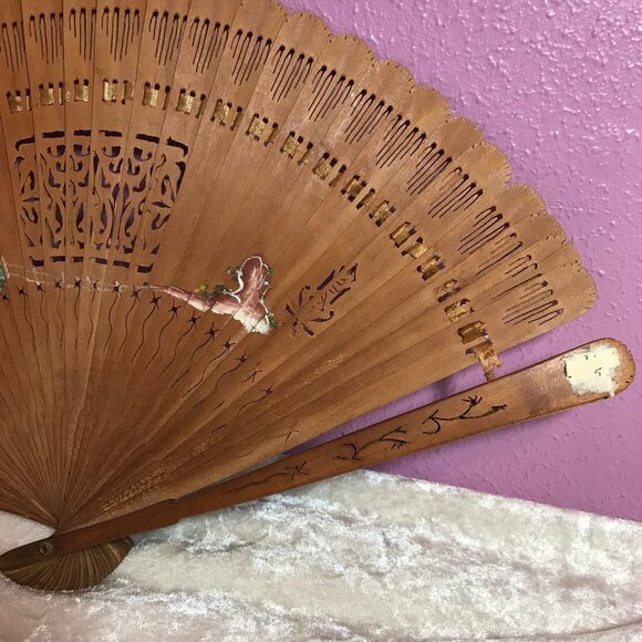 Vintage Brown Hand-Painted Japanese Fan Woman Sitting Cutout Home Decor GUC Gift - Picture 7 of 8
